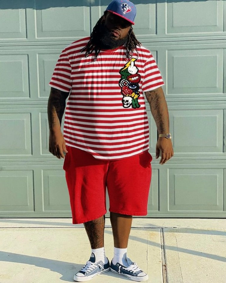 Big & Tall Red Striped T-Shirt Shorts Set for big men view 1