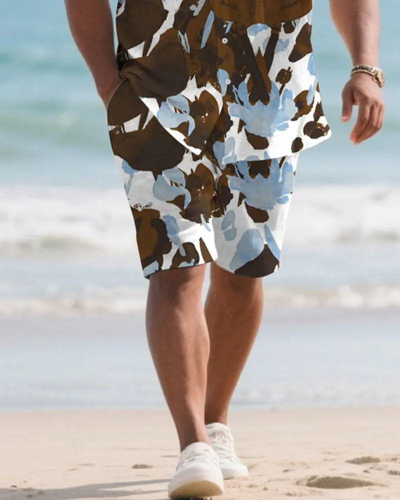 Big & Tall White Brown Hawaiian Shirt Shorts Set for big men view 3