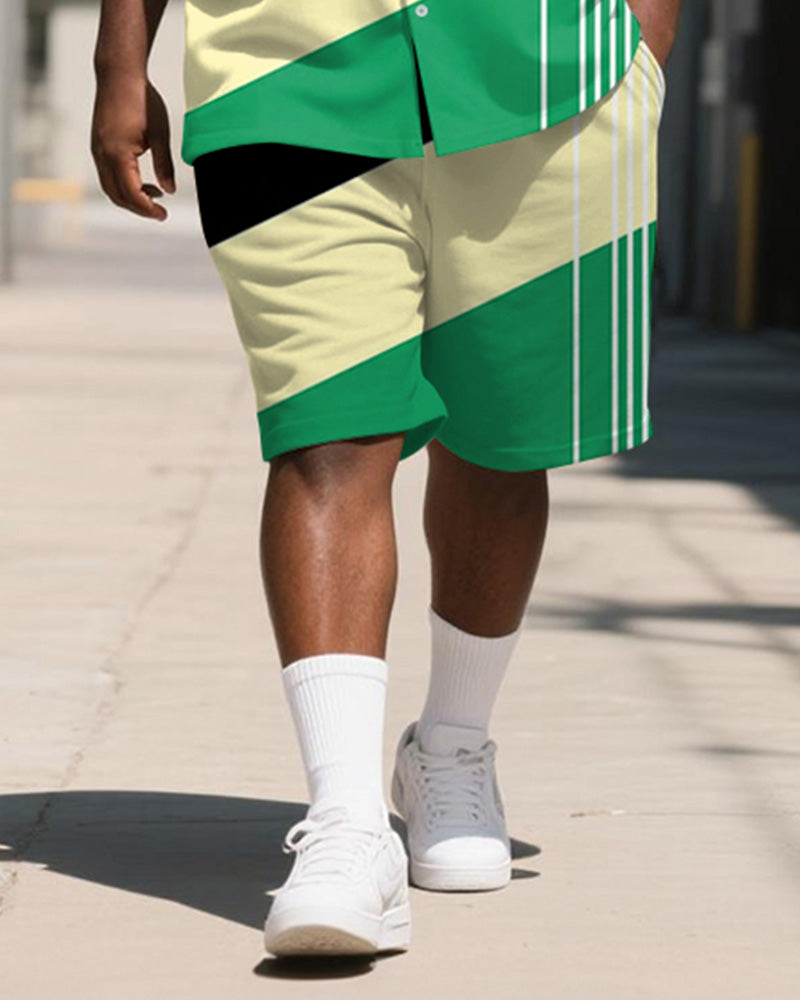 Big & Tall Black Green Geometric T-Shirt Shorts Set for big men view 3