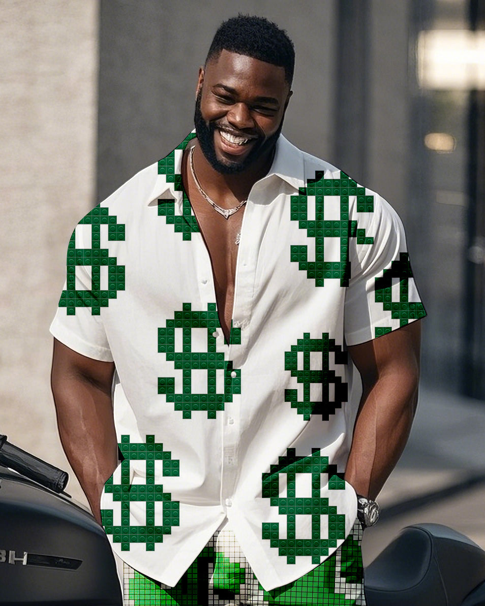 Big & Tall White Green Graphic T-Shirt Shorts Set for big men view 2