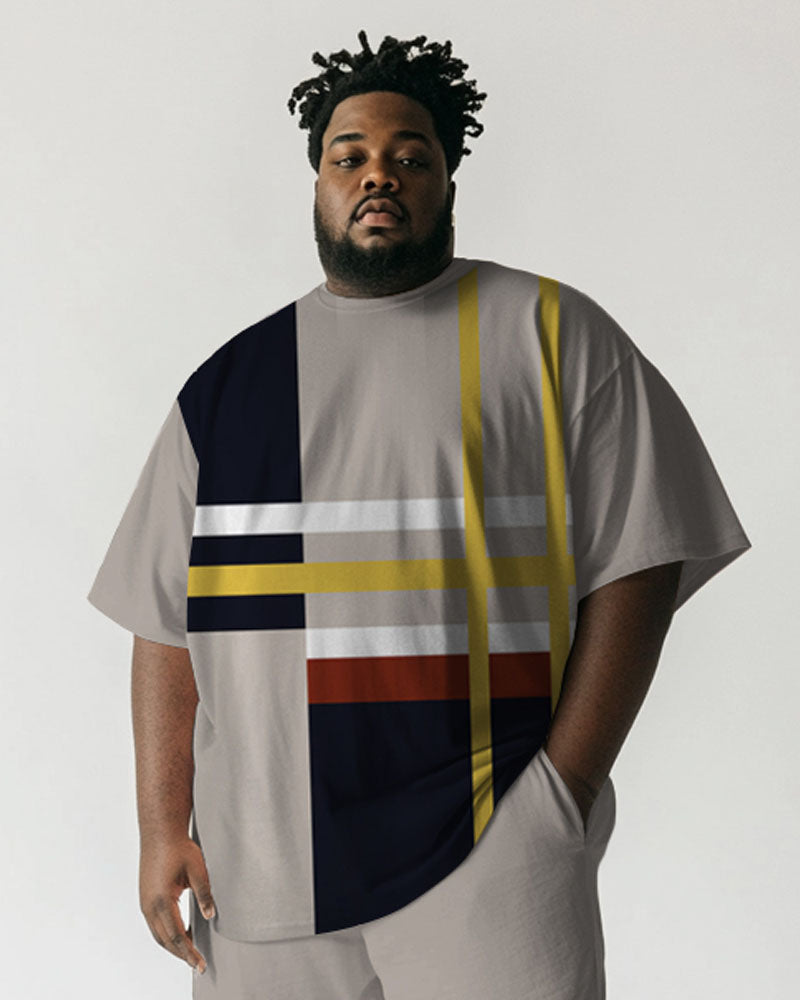 Big & Tall Khaki Striped Graphic T-Shirt Shorts Set for big men view 2