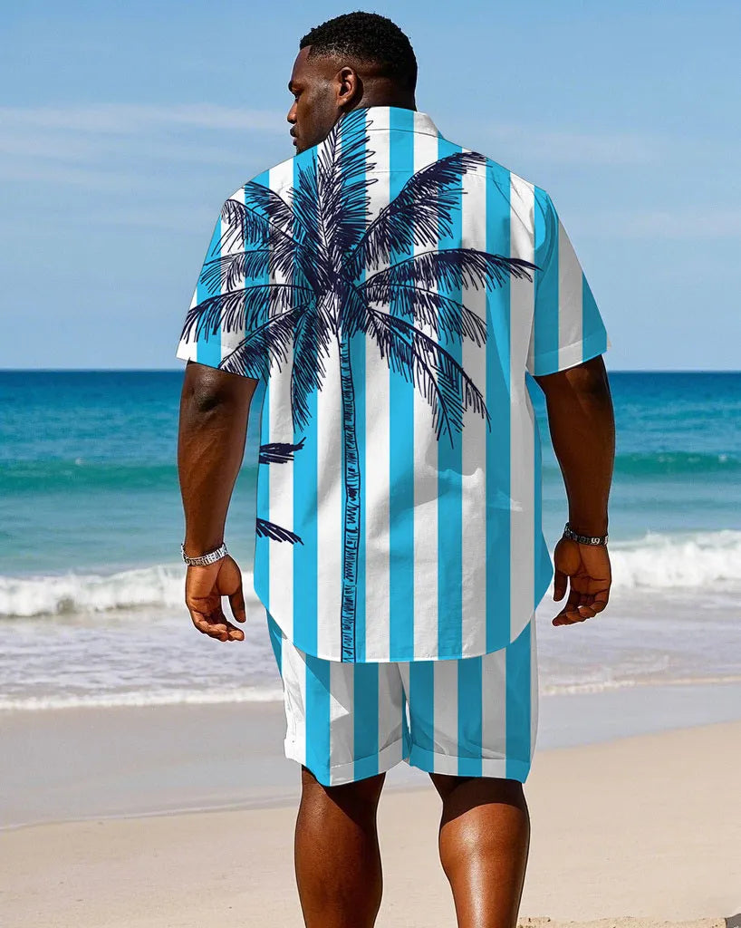 Big & Tall White Blue Hawaiian T-Shirt Shorts Set for big men view 4