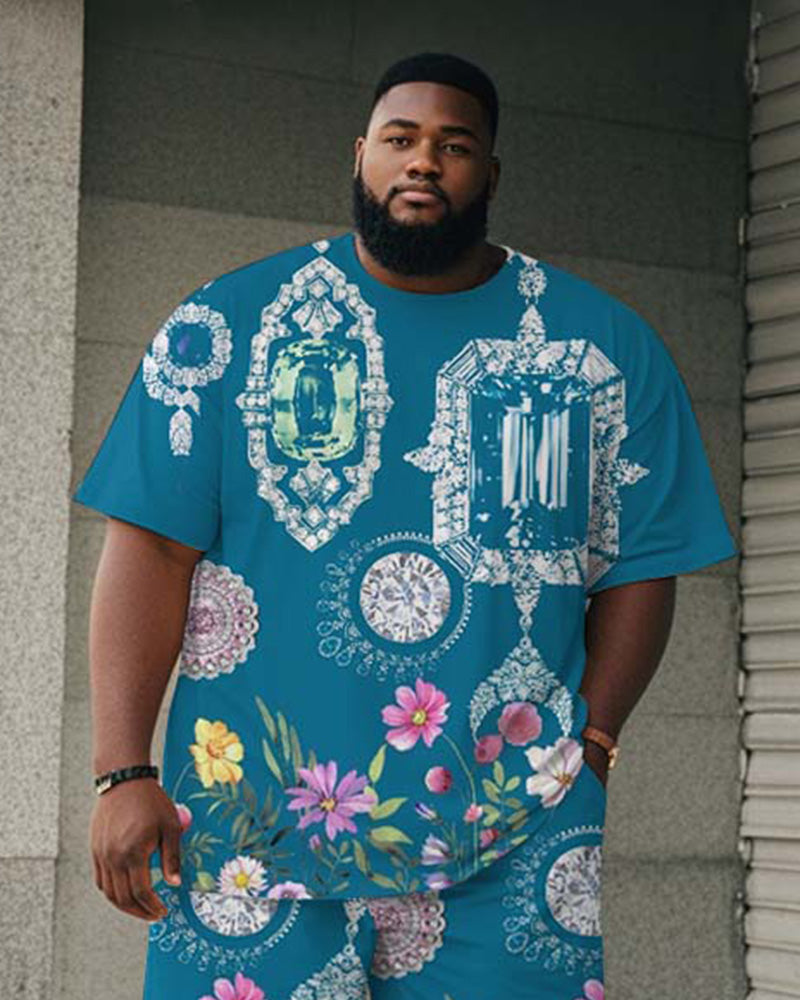 Big & Tall Blue Graphic Floral T-Shirt Shorts Set for big men view 2