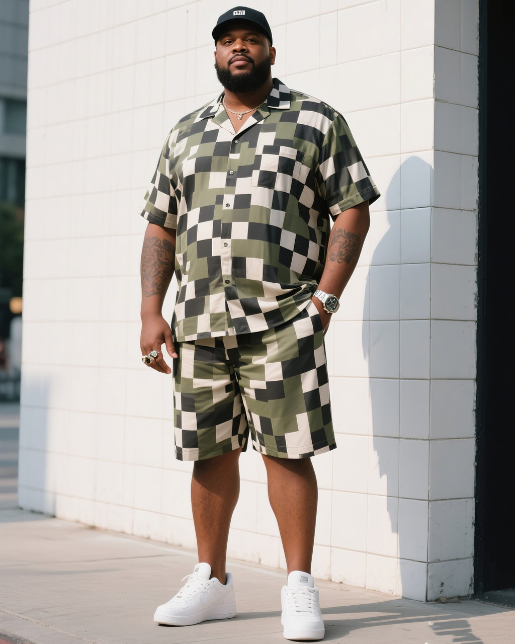 Big & Tall Plaid Camouflage T-Shirt Shorts Set for big men view 1