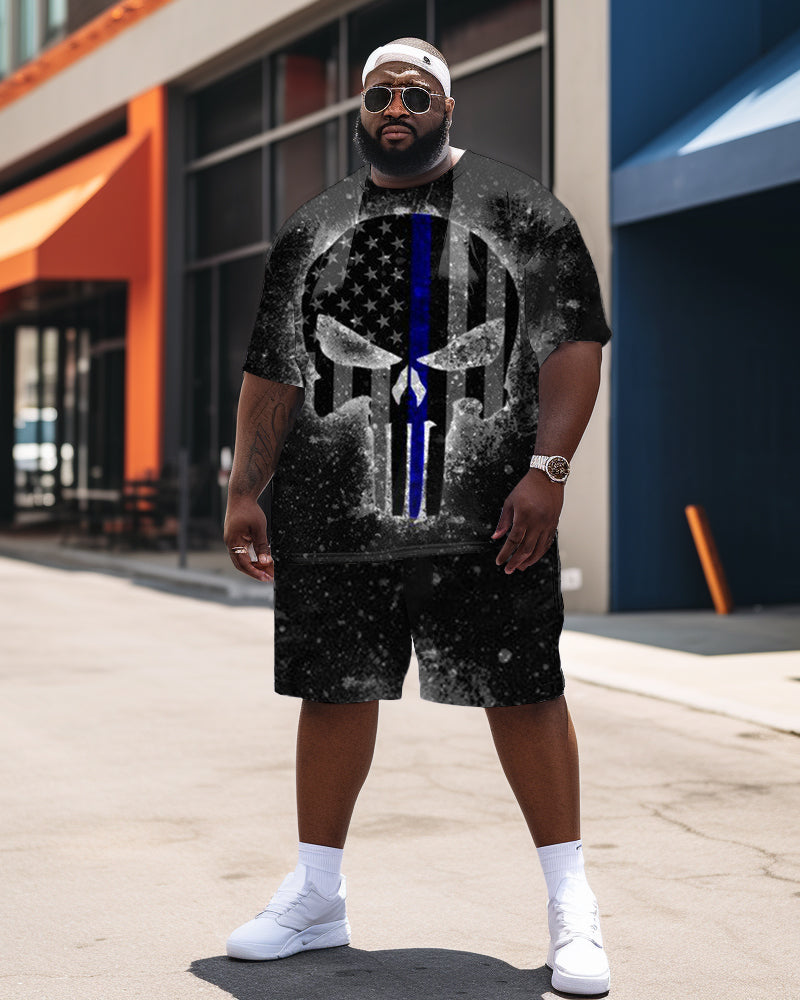 Big & Tall Blue Graphic Skull T-Shirt Shorts Set for big men view 1
