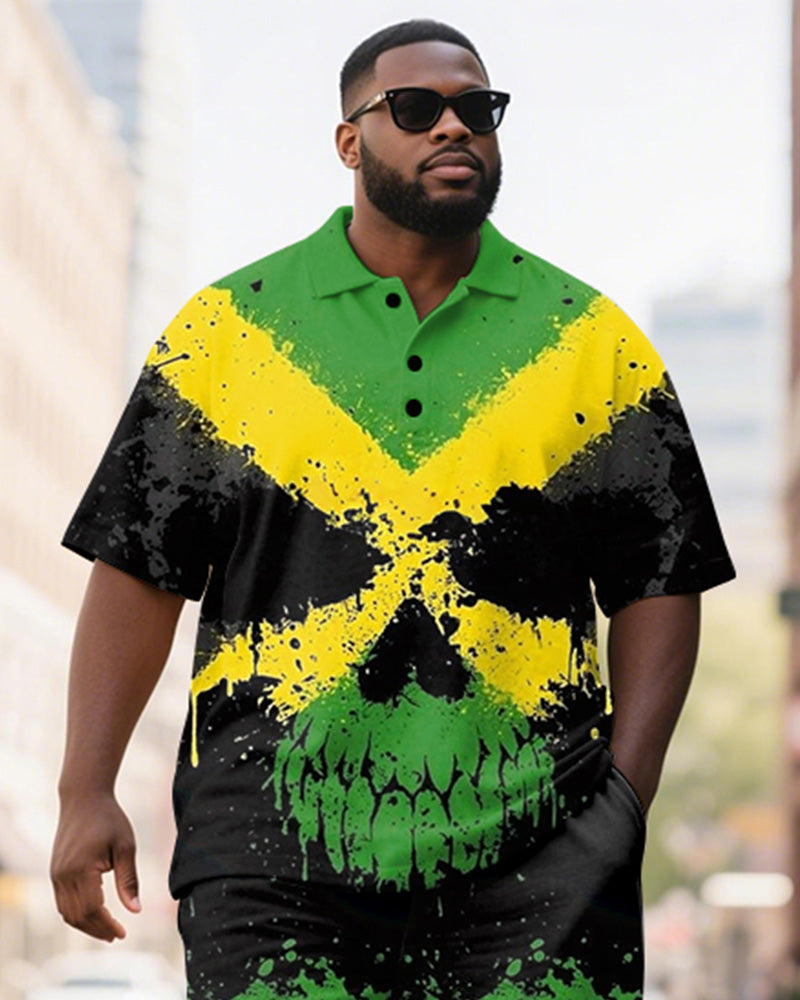 Big & Tall Black Green Colorblock Polo Shorts Set for big men view 2