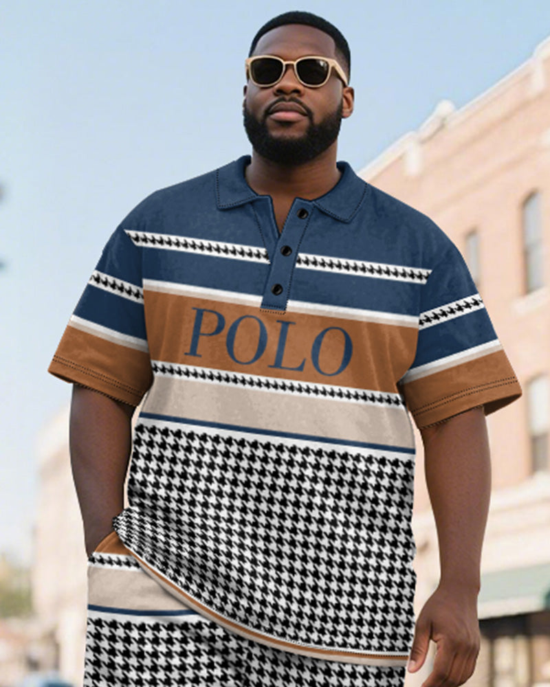 Big & Tall Blue Graphic Patchwork Polo Shorts Set for big men view 2