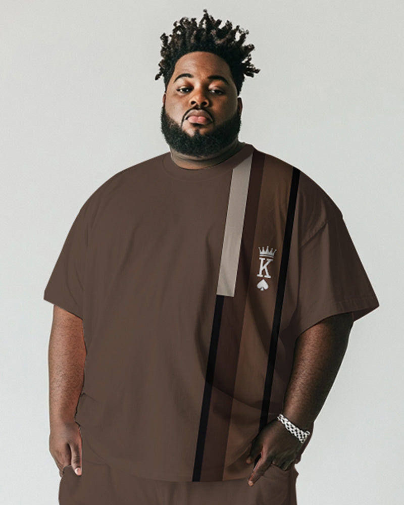 Big & Tall Brown Striped Graphic T-Shirt Shorts Set for big men view 2