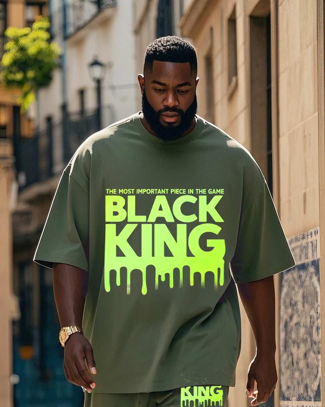Big & Tall Black Green Graphic Two-piece Set for big men view 2