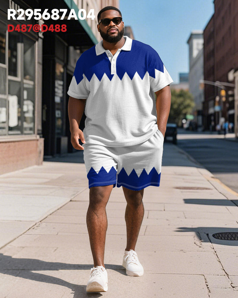 Big & Tall Blue Colorblock Geometric Polo Shorts Set for big men view 2