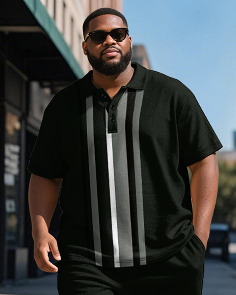 Big & Tall Black Striped Graphic Polo Shorts Set for big men view 3