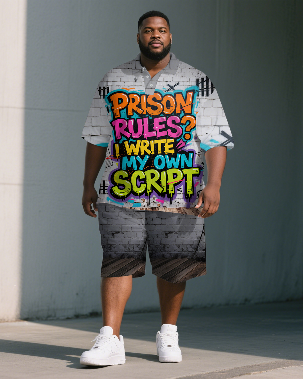 Big & Tall Graphic Graffiti Polo Shorts Set for big men view 1