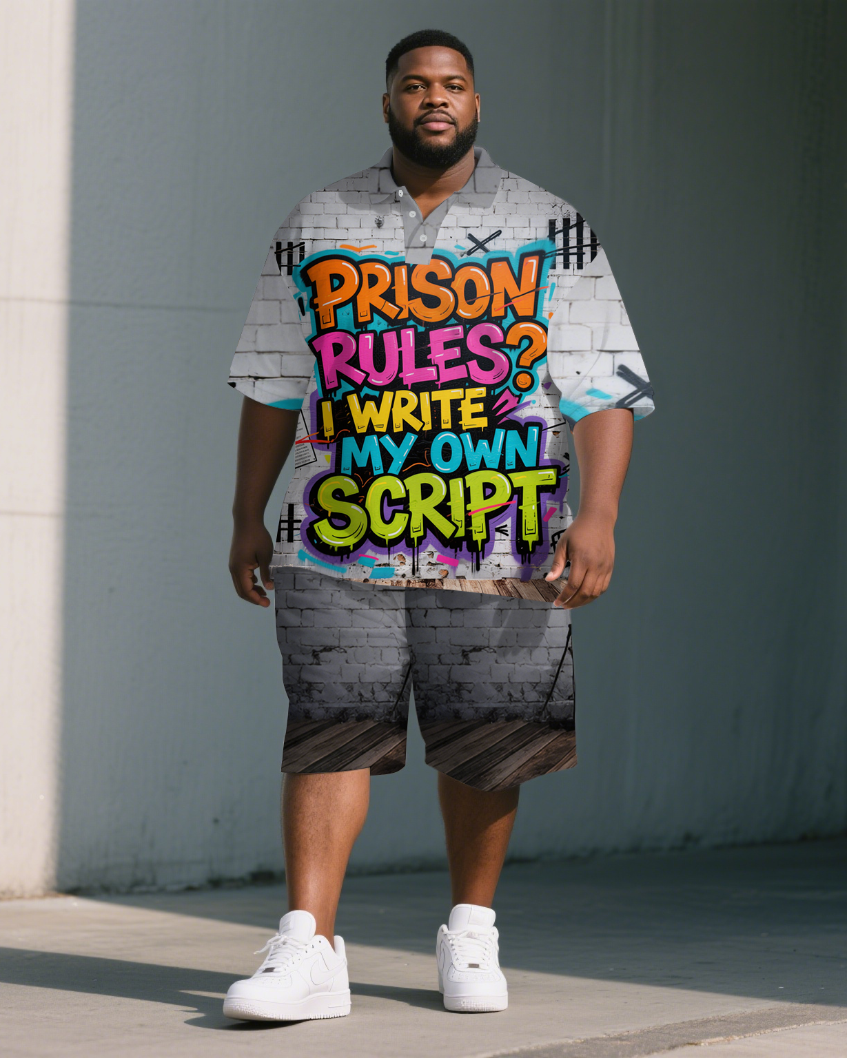 Big & Tall Graphic Graffiti Polo Shorts Set for big men view 1