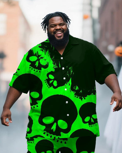 Big & Tall Green Graphic Skull T-Shirt Pants Set for big men view 2