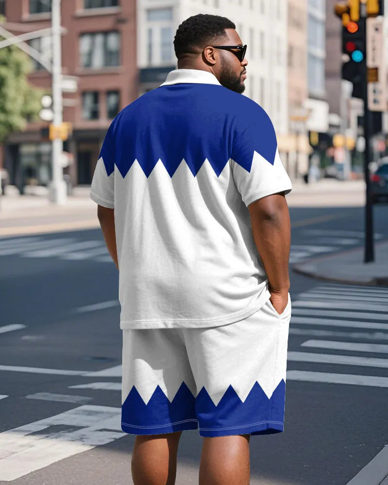 Big & Tall Blue Colorblock Geometric Polo Shorts Set for big men view 5