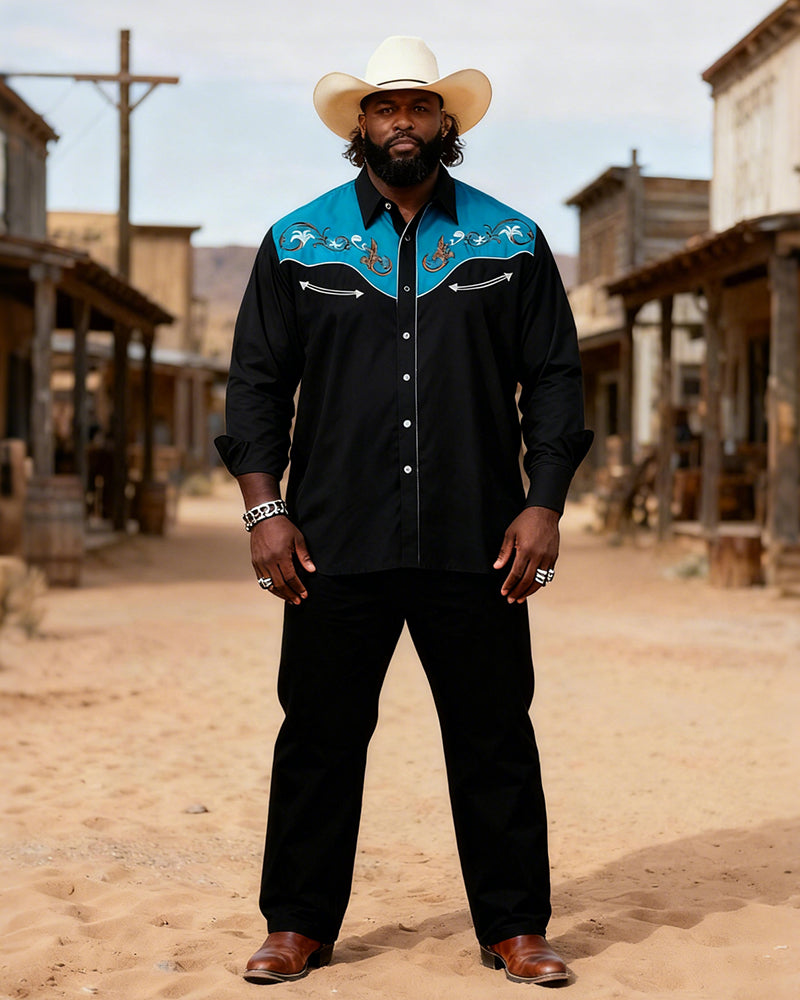 Big & Tall Black Blue Western T-Shirt Pants Set for big men view 1