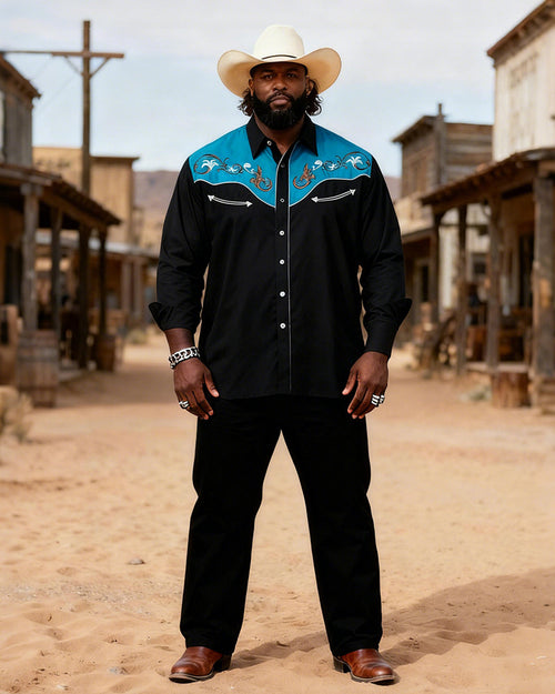 Big & Tall Black Blue Western T-Shirt Pants Set for big men view 1