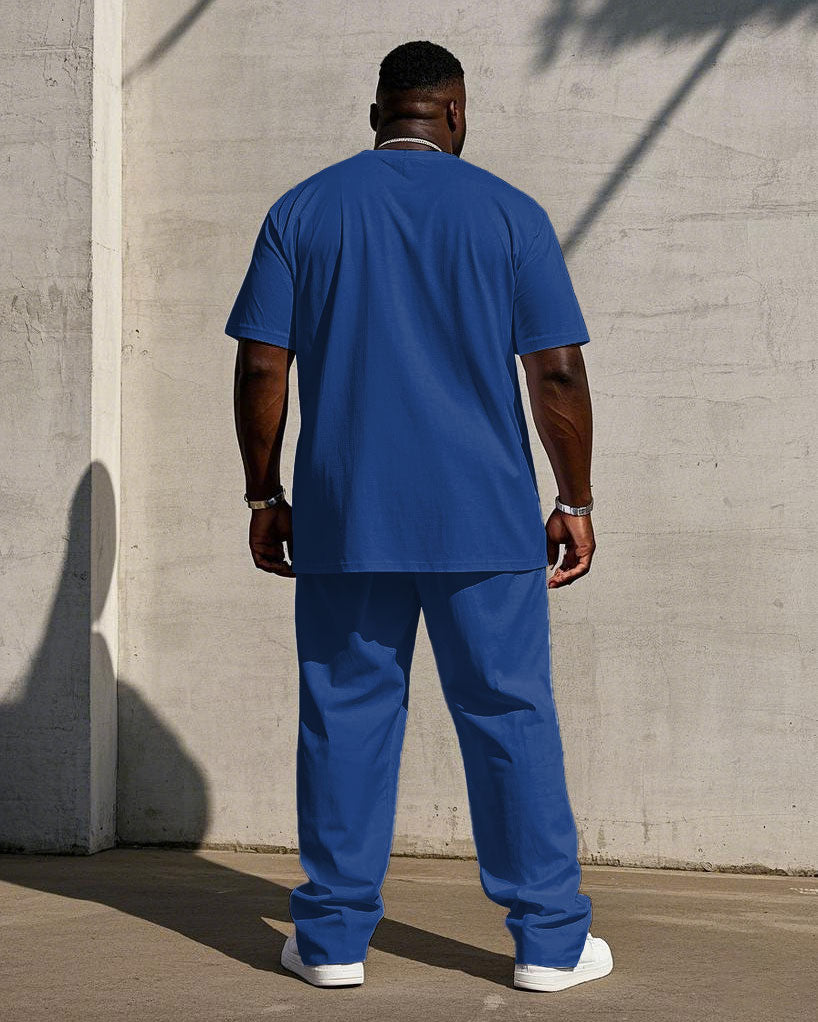 Big & Tall White Blue Colorblock T-Shirt Pants Set for big men view 4