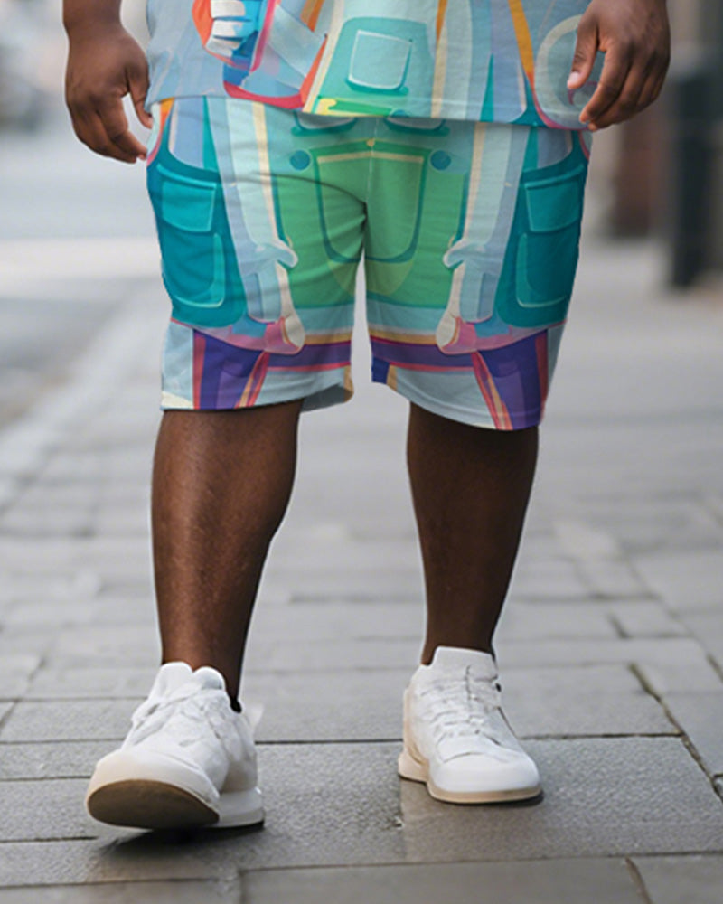 Big & Tall Blue Graphic Graffiti T-Shirt Shorts Set for big men view 3
