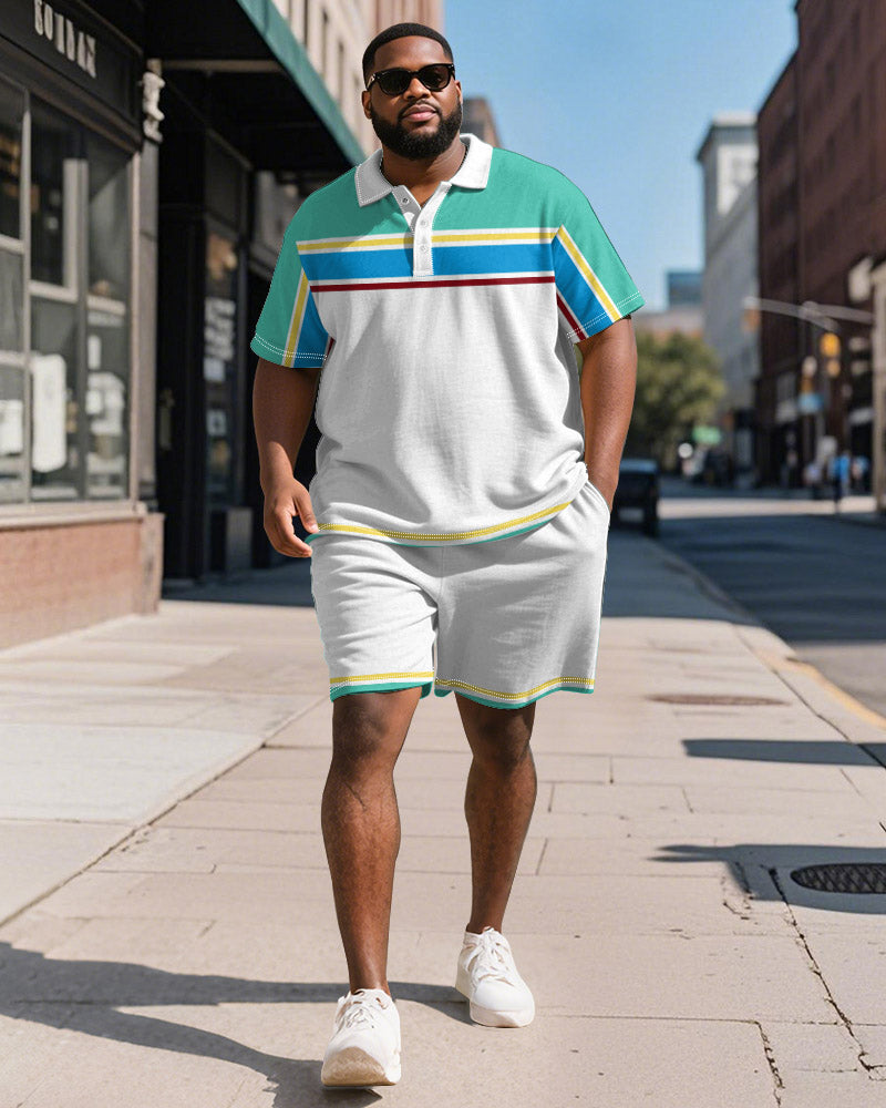 Big & Tall Green Colorblock Striped Polo Shorts Set for big men view 1
