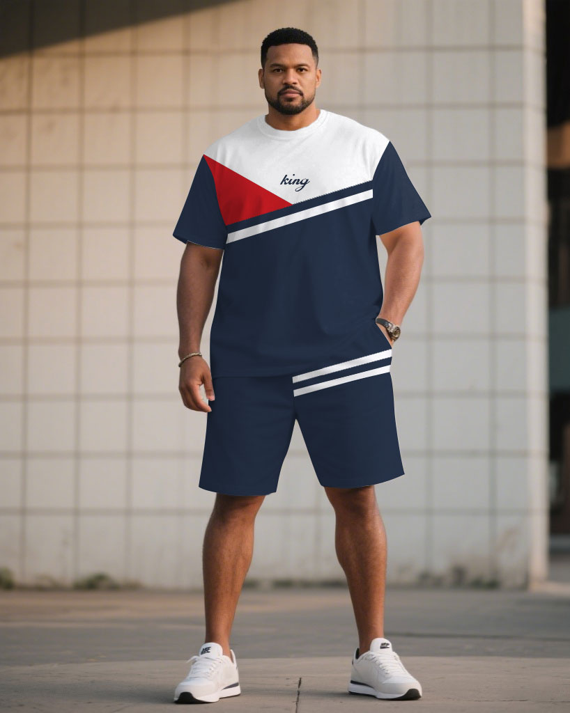 Big & Tall White Blue Colorblock T-Shirt Shorts Set for big men view 1