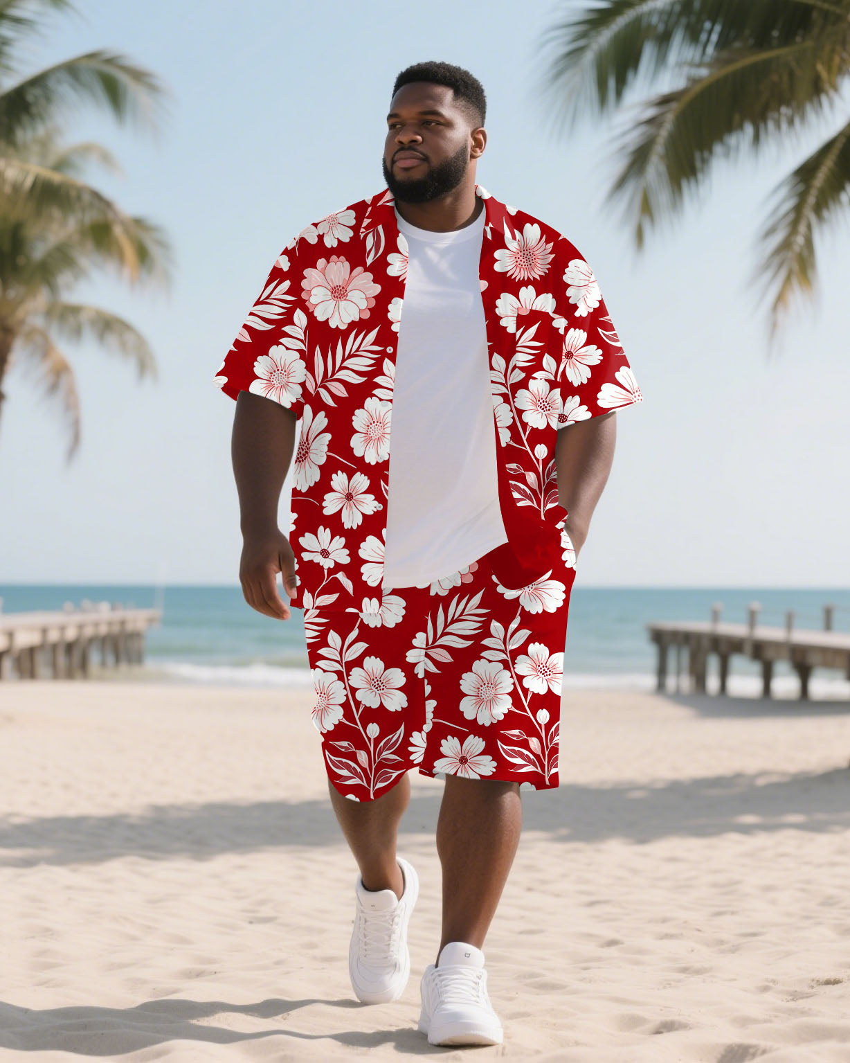 Big & Tall Hawaiian Floral T-Shirt Shorts Set for big men view 1