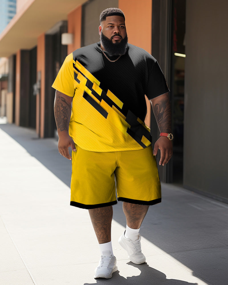 Big & Tall Black Yellow Colorblock T-Shirt Shorts Set for big men view 1