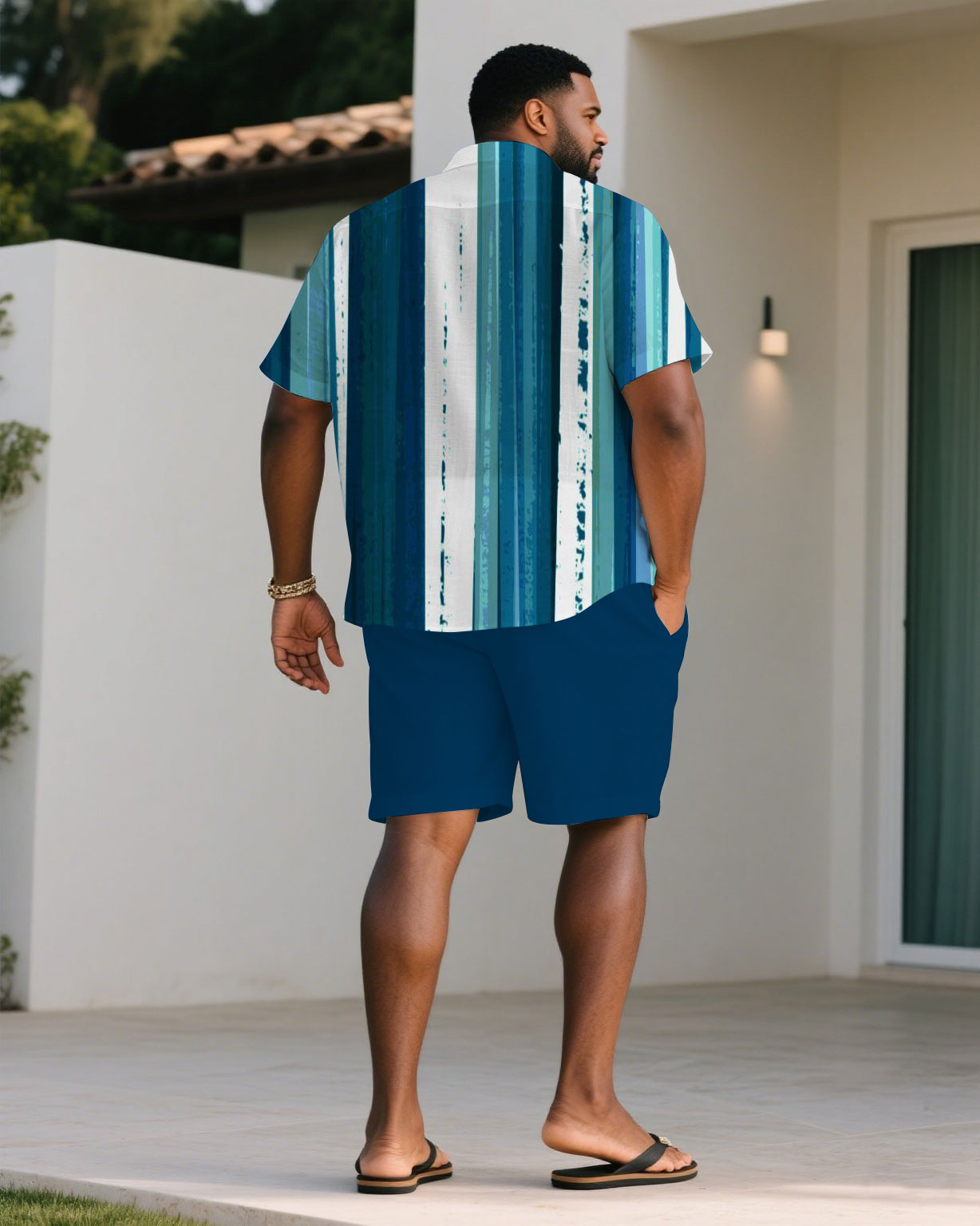 Big & Tall Blue Striped T-Shirt Shorts Set for big men view 4