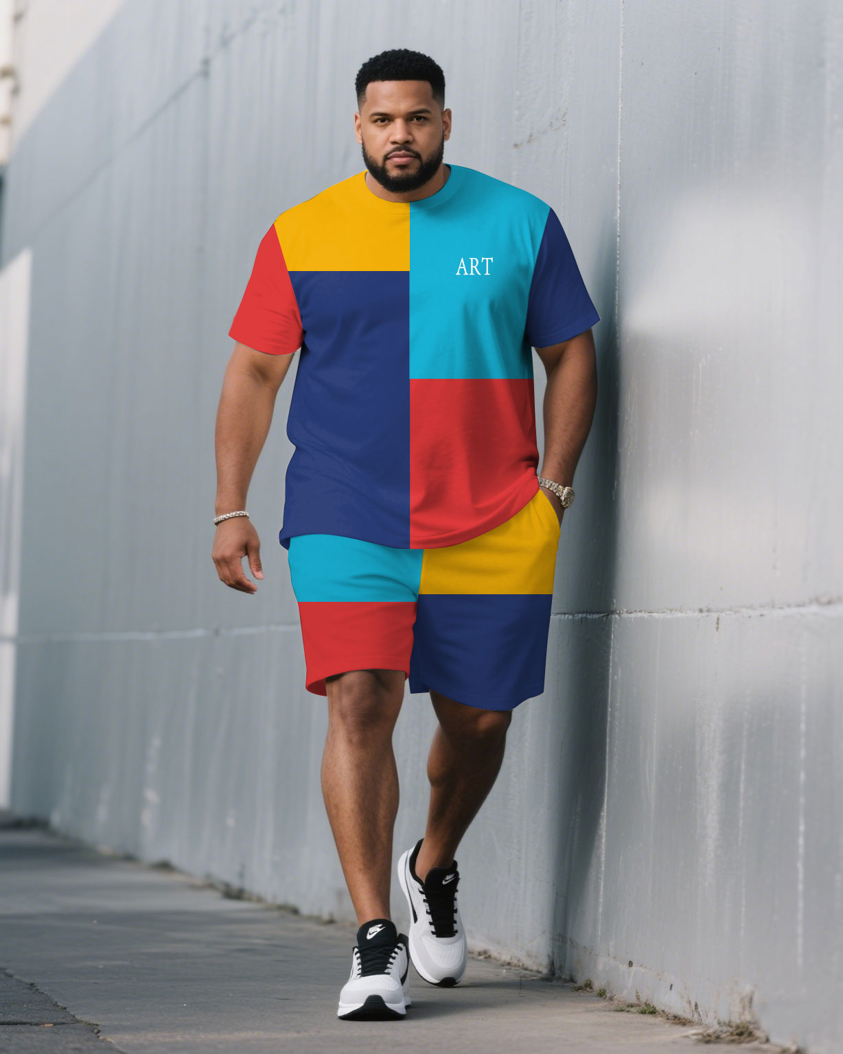 Big & Tall Blue Red Colorblock T-Shirt Shorts Set for big men view 1