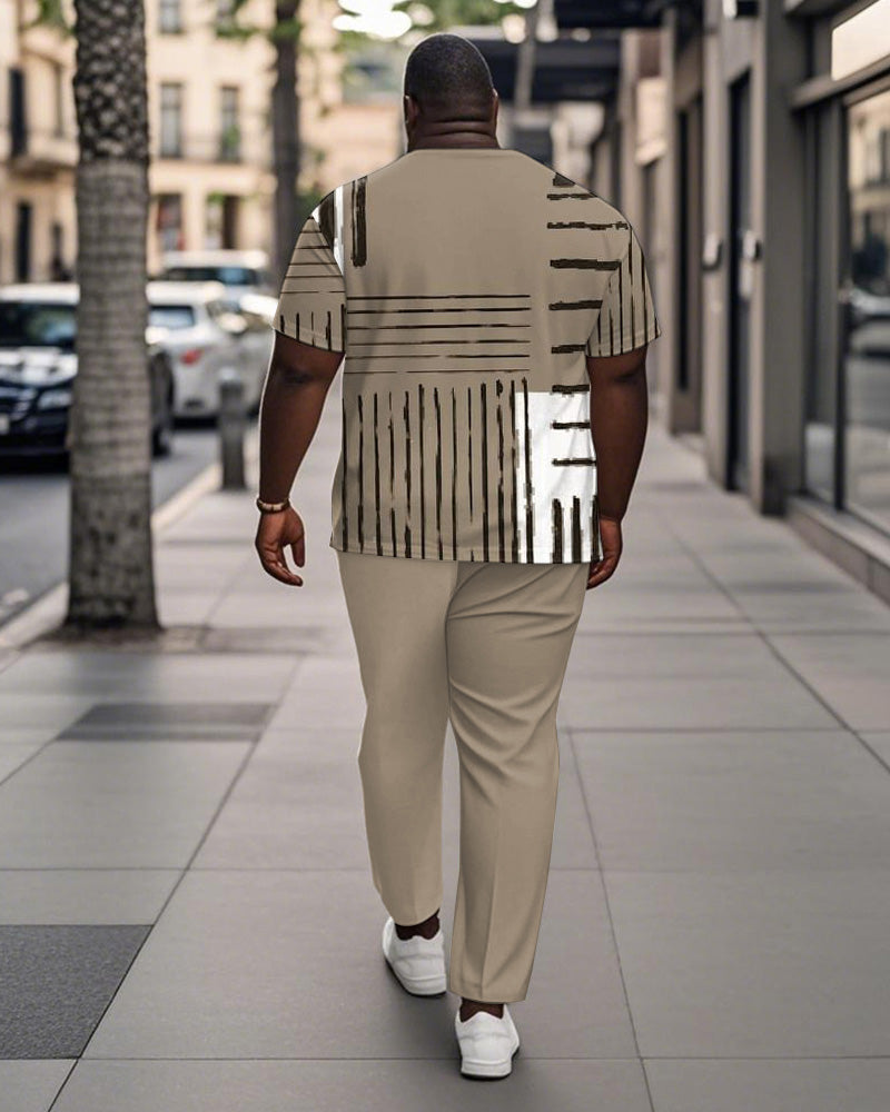 Big & Tall Khaki Colorblock Striped T-Shirt Pants Set for big men view 4