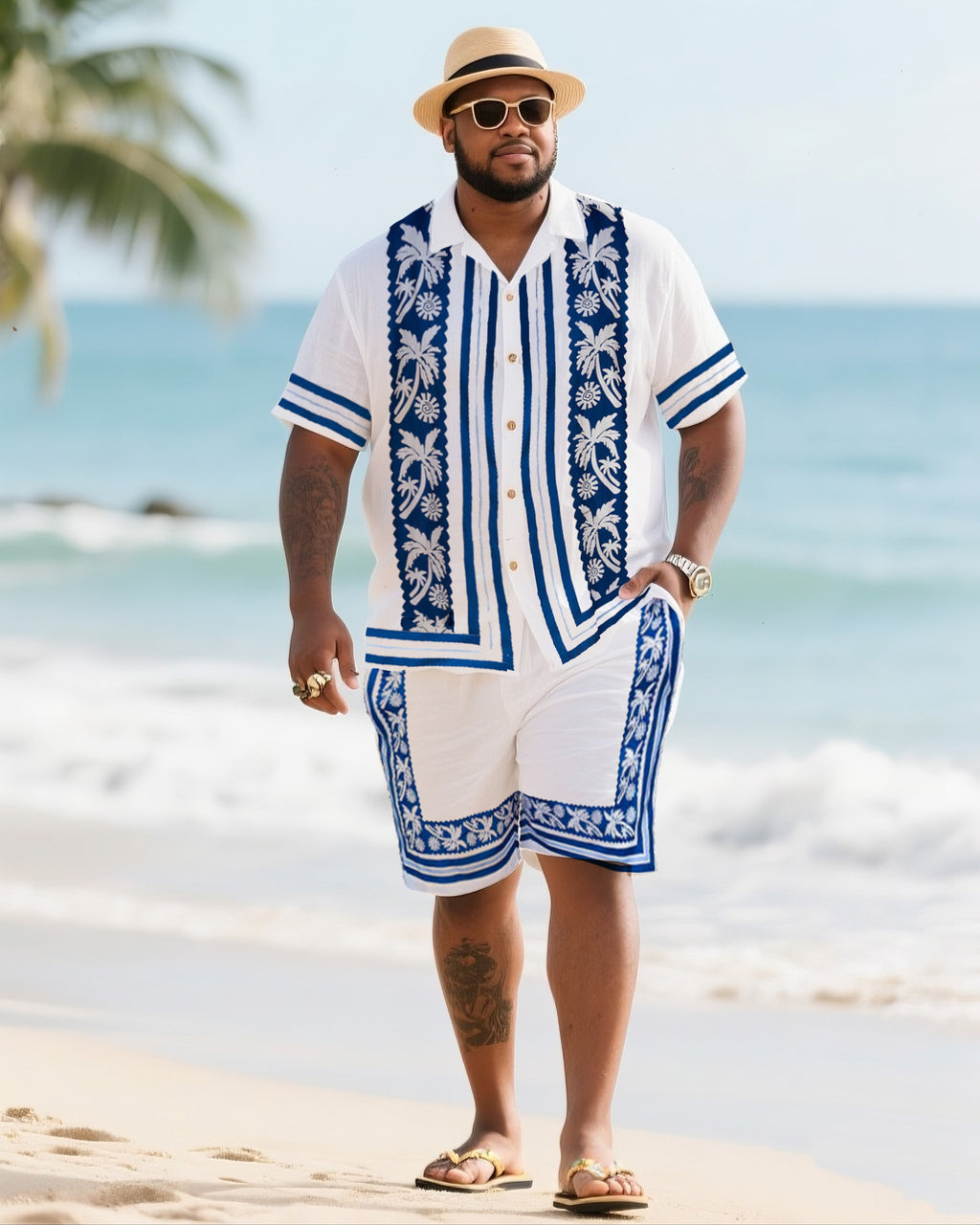 Big & Tall White Blue Striped T-Shirt Shorts Set for big men view 1
