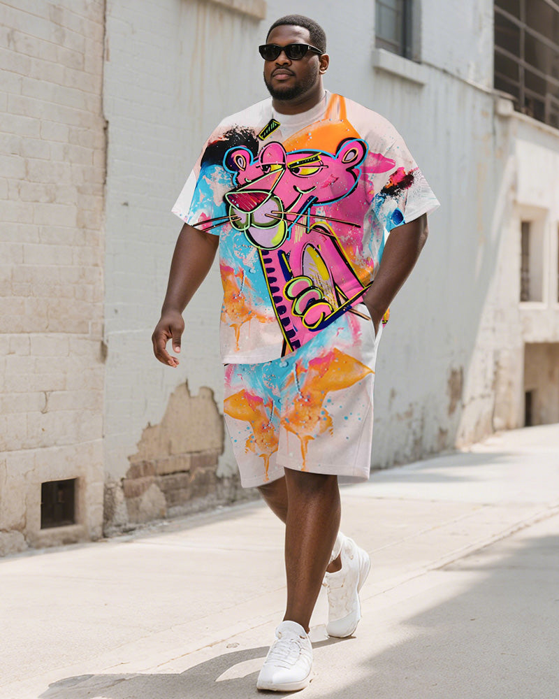 Big & Tall Pink Geometric Graphic T-Shirt Shorts Set for big men view 1