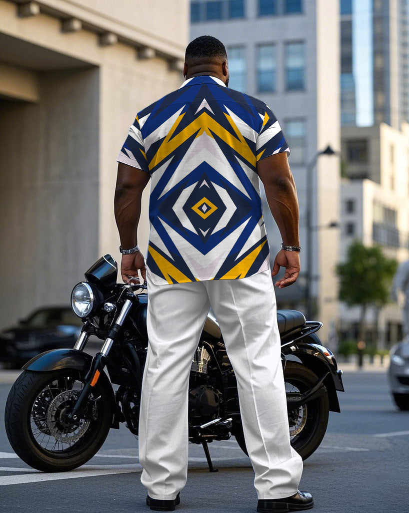 Big & Tall White Blue Geometric T-Shirt Pants Set for big men view 4