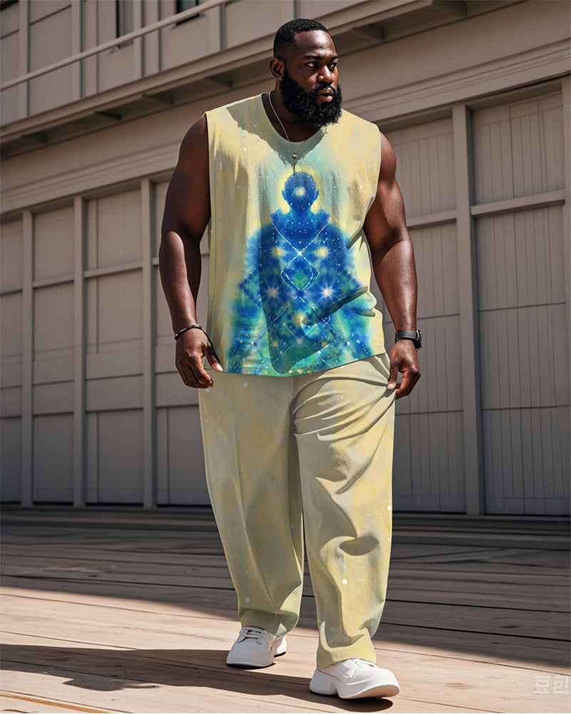 Big & Tall Yellow Geometric Graphic Vest Pants Set for big men view 1