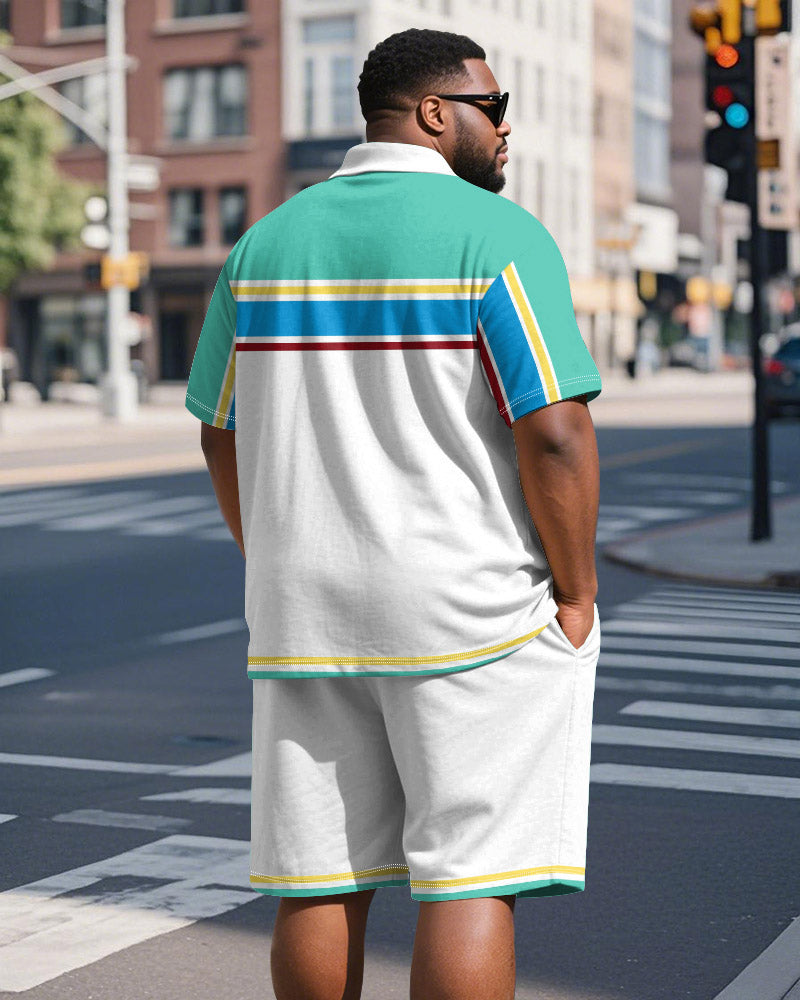 Big & Tall Green Colorblock Striped Polo Shorts Set for big men view 5