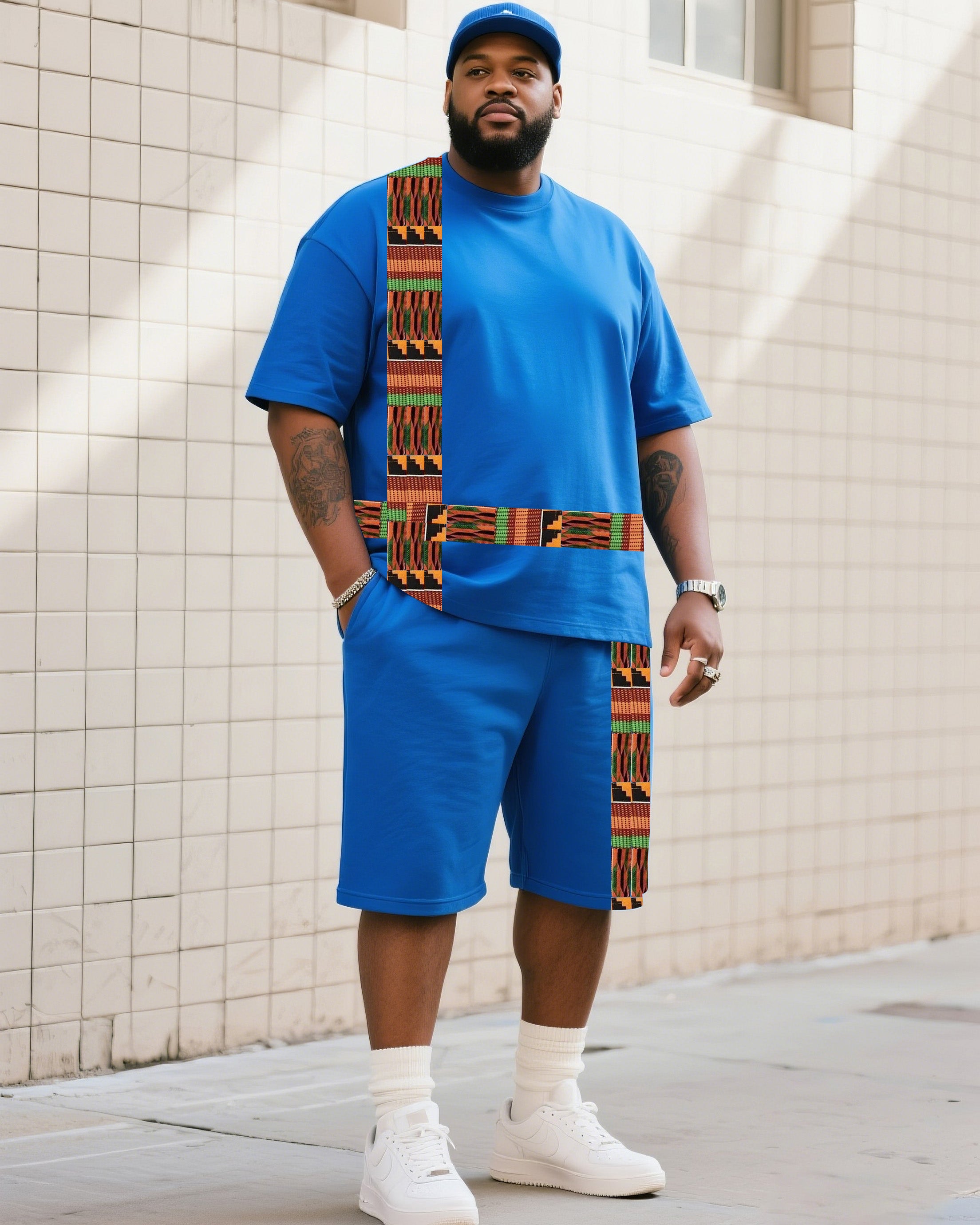 Big & Tall Striped Graphic T-Shirt Shorts Set for big men view 1