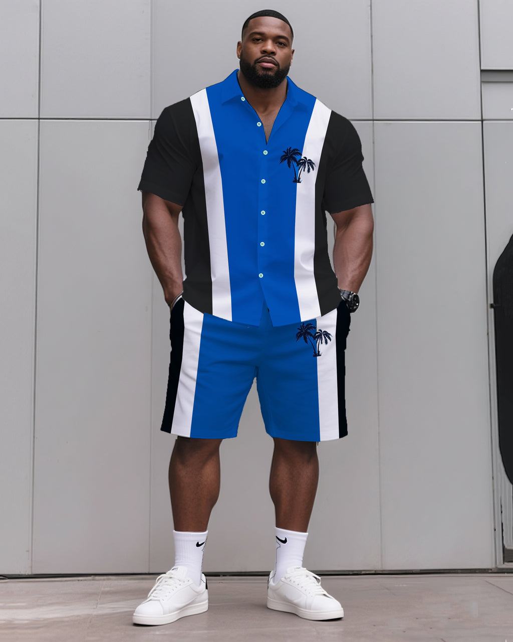 Big & Tall Striped Graphic T-Shirt Shorts Set for big men view 1