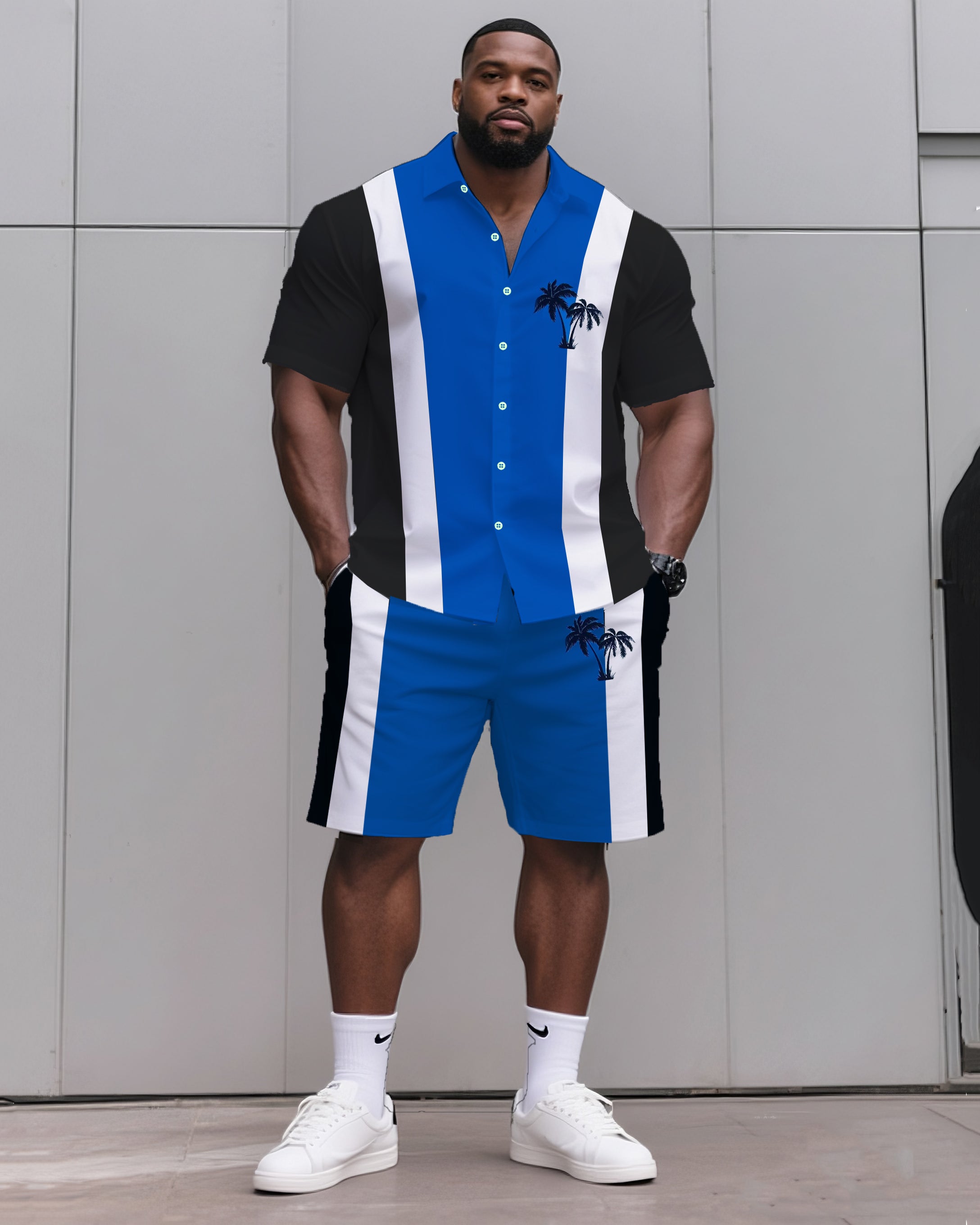 Big & Tall Striped Graphic T-Shirt Shorts Set for big men view 1