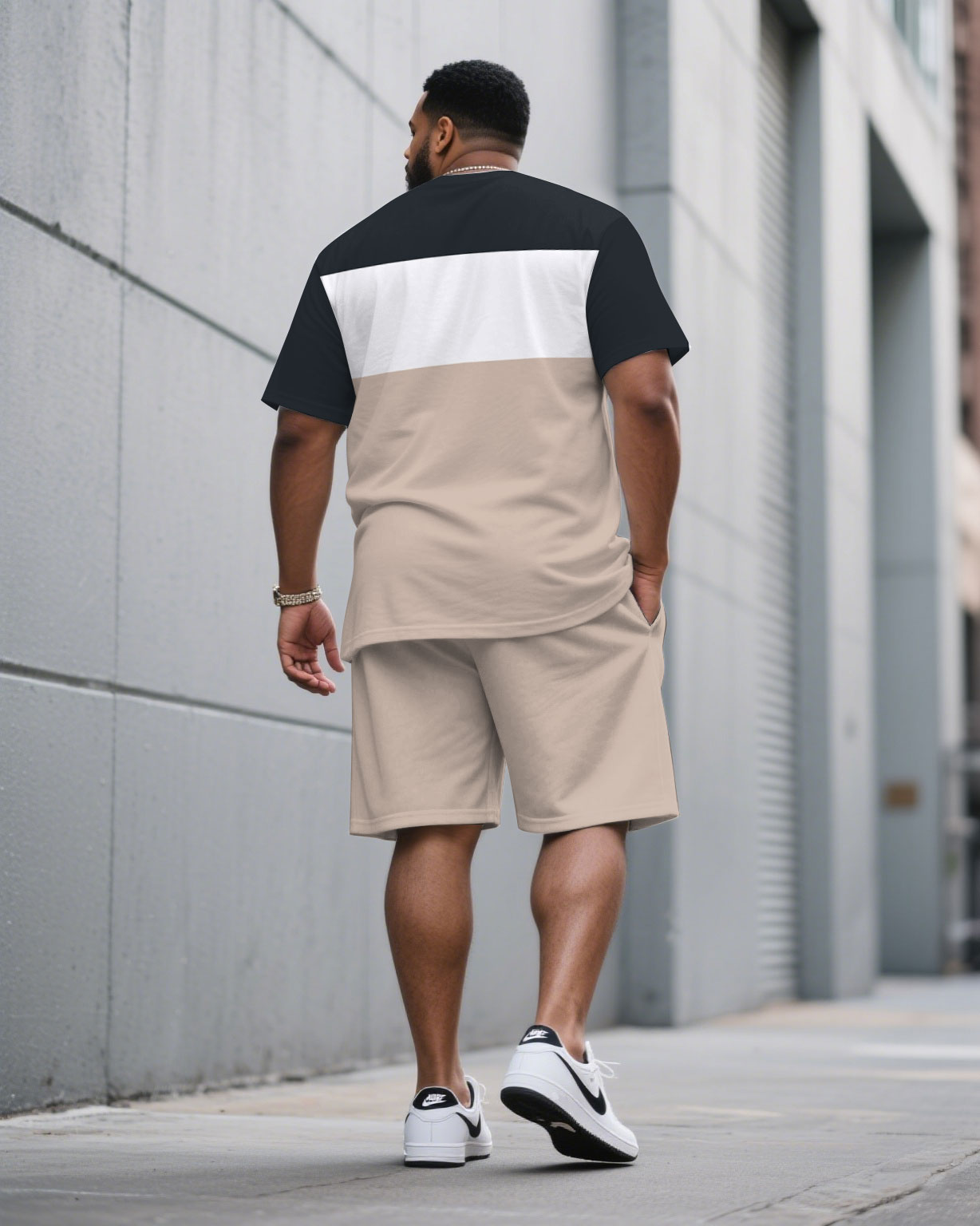 Big & Tall White Khaki Colorblock T-Shirt Shorts Set for big men view 4