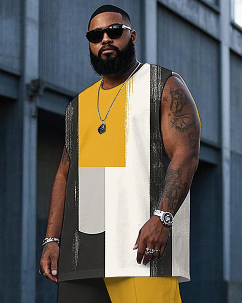 Big & Tall Black Yellow Colorblock Vest Pants Set for big men view 2