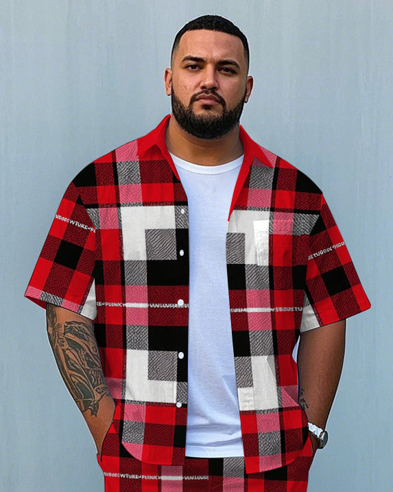 Big & Tall Red Plaid Graphic T-Shirt Shorts Set for big men view 2