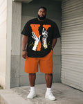 Big & Tall Orange Graphic Skull T-Shirt Shorts Set for big men view 1