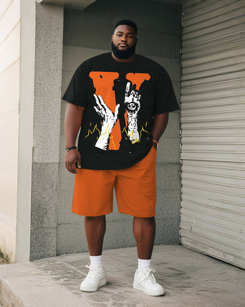 Big & Tall Orange Graphic Skull T-Shirt Shorts Set for big men view 1