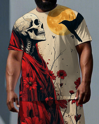 Big & Tall Graphic Smiley Skull T-Shirt Shorts Set for big men view 2