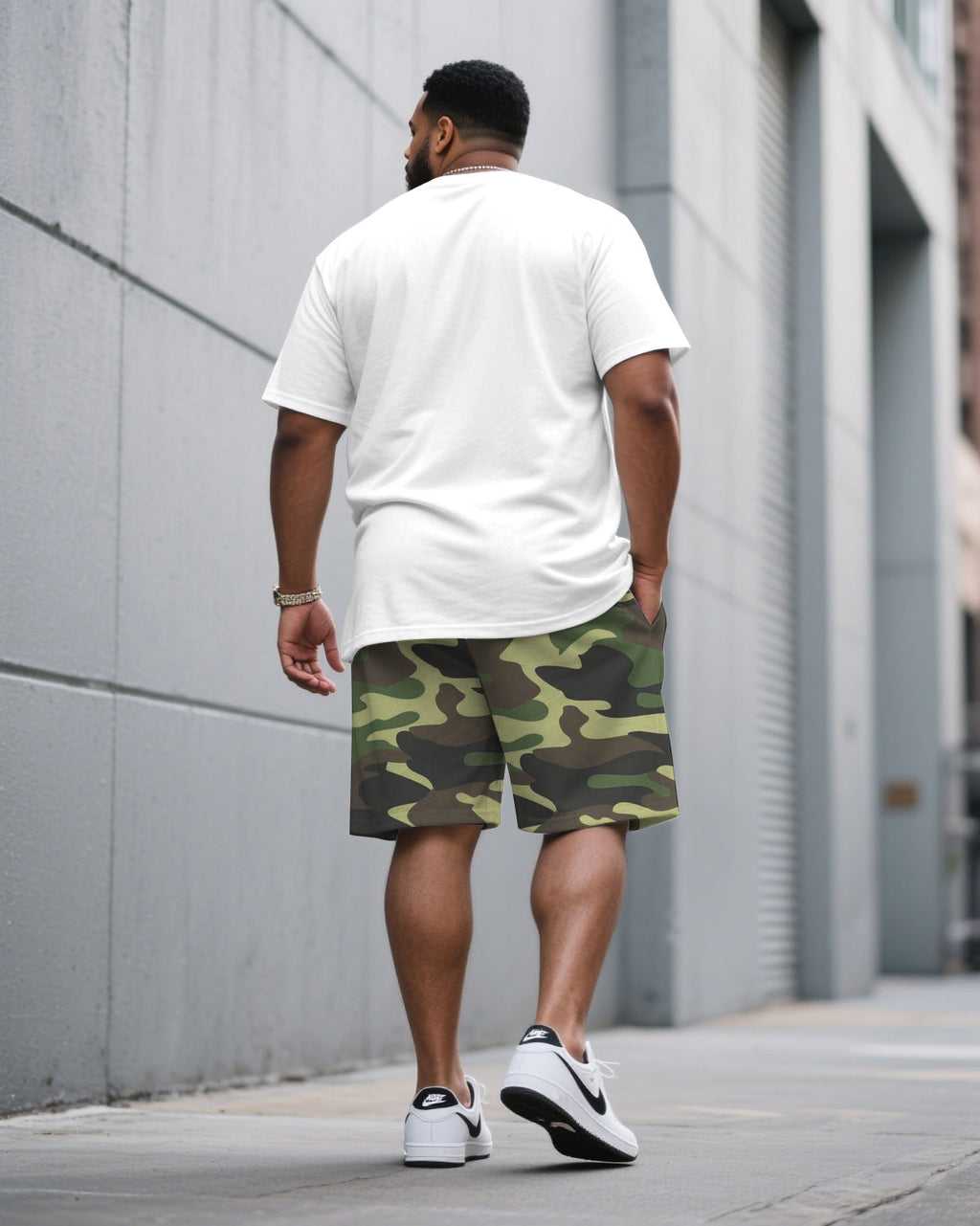 Big & Tall White Green Camouflage T-Shirt Shorts Set for big men view 4