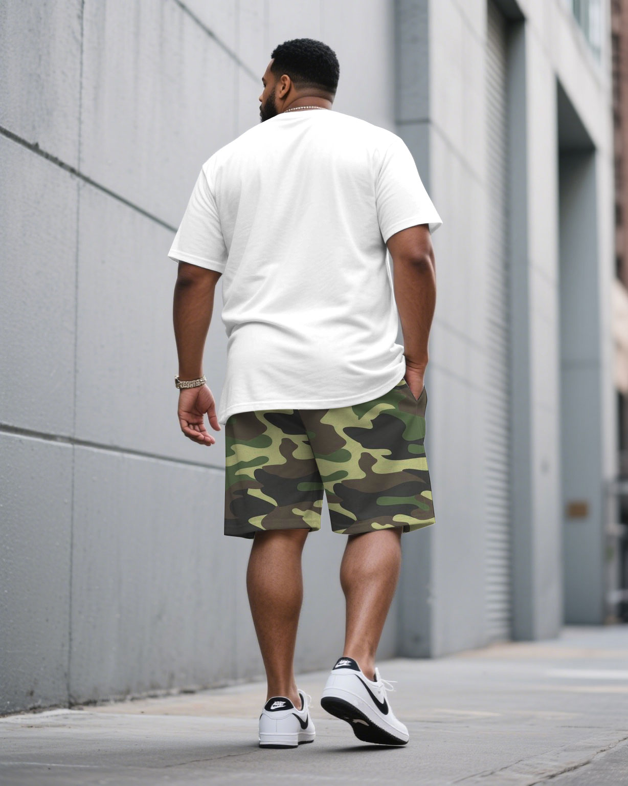 Big & Tall White Green Camouflage T-Shirt Shorts Set for big men view 4