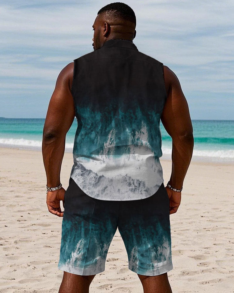 Big & Tall Black White Hawaiian T-Shirt Shorts Set for big men view 4