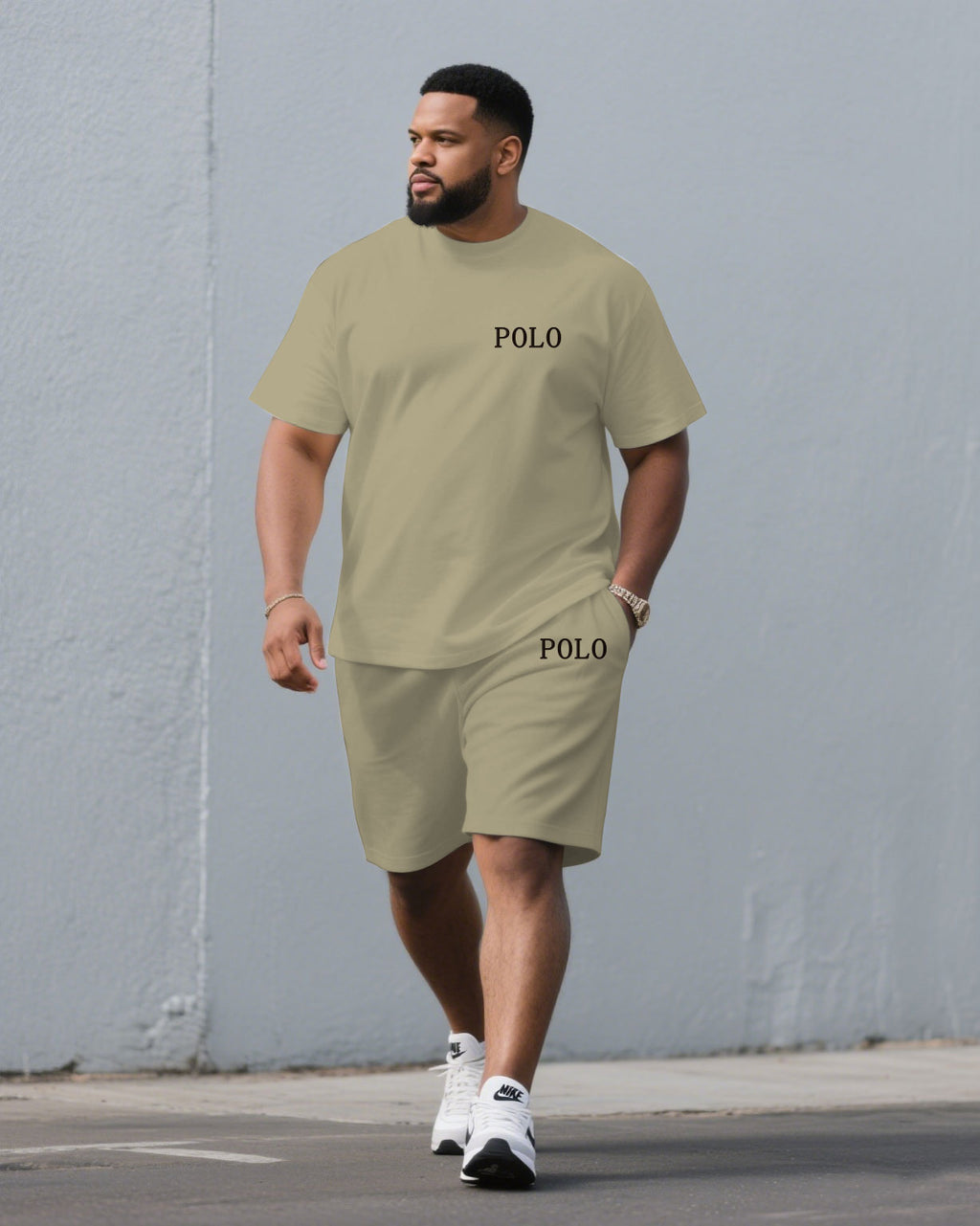 Big & Tall Khaki Red Streetwear T-Shirt Pants Set for big men view 3