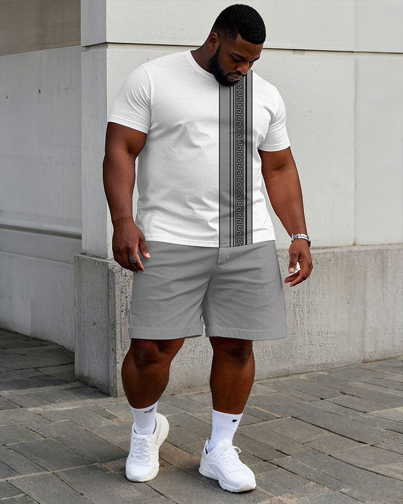 Big & Tall White Gray Patchwork T-Shirt Shorts Set for big men view 1