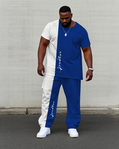 Big & Tall White Blue Colorblock T-Shirt Pants Set for big men view 1